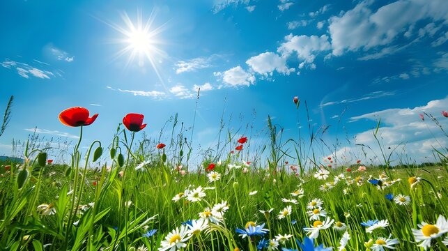 Beautiful meadow field with fresh grass and yellow dandelion flowers in nature against a blurry blue sky with clouds. Summer spring perfect natural landscape spring backgrounds AI generated 