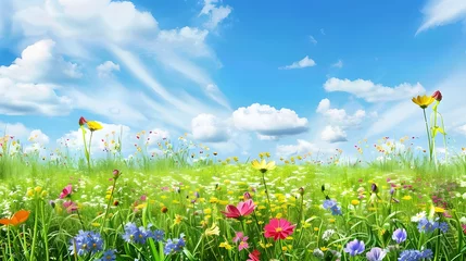 Tuinposter Beautiful meadow field with fresh grass and yellow dandelion flowers in nature against a blurry blue sky with clouds. Summer spring perfect natural landscape spring backgrounds AI generated  © Hamid