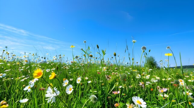 Beautiful meadow field with fresh grass and yellow dandelion flowers in nature against a blurry blue sky with clouds. Summer spring perfect natural landscape spring backgrounds AI generated 