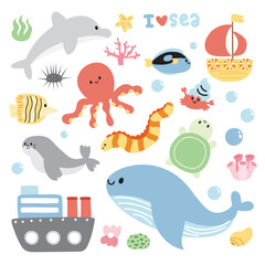 Set of cute sea animals character cartoon design.Ship and boat.Dolphin,octopus,turtle,sea,fish,shell hand drawn collection.Marine.Under the water.Kawaii.Vector.Illustration.