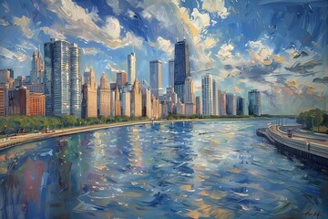 Chicago skyline impressionistl painting, Pastel color palette, home decor wall art, digital art print - obrazy, fototapety, plakaty