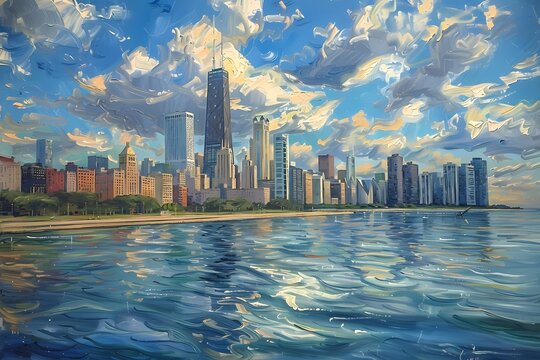 Chicago skyline impressionistl painting, Pastel color palette, home decor wall art, digital art print