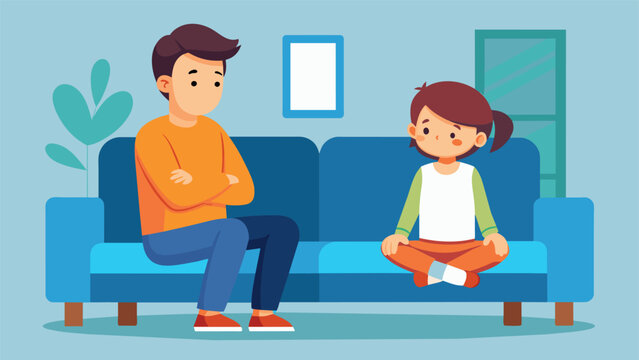A parent and child sitting on opposite sides of a couch with the parent using open body language and positive reinforcement techniques to