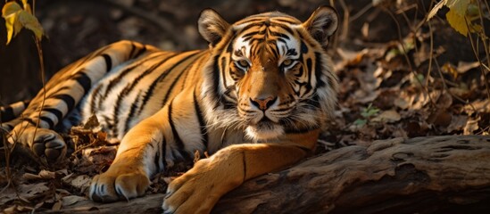 The majestic tiger with black stripes is peacefully lying down on the earth's surface