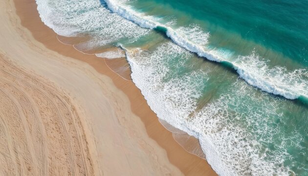 Turquoise water with wave with sand beach background aerial top view in sunset. Concept summer