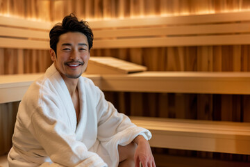 ホテル・スパの木製のサウナでカメラ目線で微笑むバスローブ姿のハンサムな日本人男性