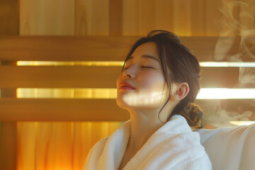 ホテル・スパの木製のサウナ・スチームルームで目を閉じてリラックスしているバスローブ姿の日本人女性(美人モデル)