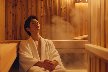 ホテル・スパの木製のサウナ・スチームルームで目を閉じてリラックスしているバスローブ姿の日本人男性(モデル)