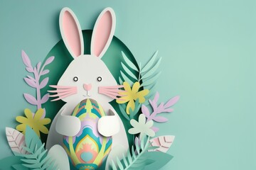 A paper rabbit is holding a colorful Easter egg and a beautiful flower to celebrate the happy event of Easter. The creative arts of plant and organism adaptation can be seen in this artwork AIG42E