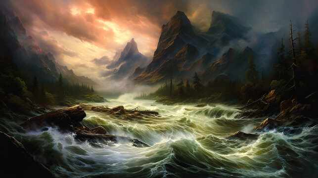 山の間の荒々しい激流の川のイラスト風景