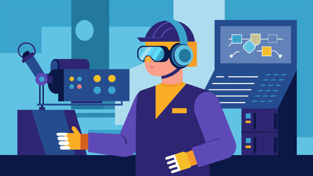 A technician wearing a hightech headset and utilizing virtual reality technology to remotely monitor and troubleshoot a machine on the factory