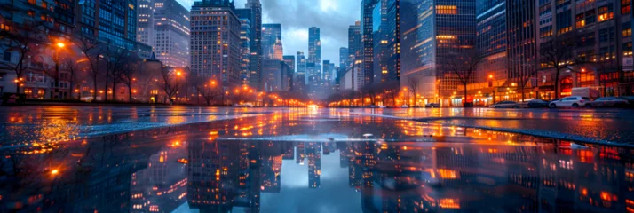 Foto op Plexiglas  Cityscape at Twilight Architectural Silhouettes, Chicago skyline city lights up at night © a