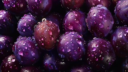   A cluster of purplish plums adorned with water droplets and a single droplet atop them - obrazy, fototapety, plakaty