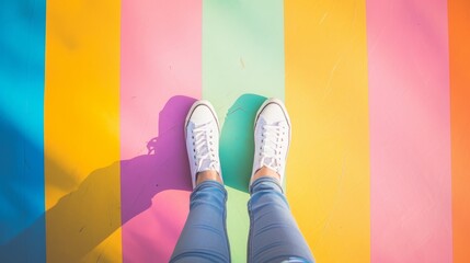 Colorful rainbow floor with woman's legs and shoes. Color block leggings and sneakers. Fun Studio photo of summer.	
