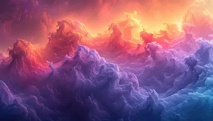 Wandcirkels tuinposter A fantasy landscape with mountains of colorful clouds, rendered in the style of Unreal Engine and Cinema4D. Created with Ai © Visual
