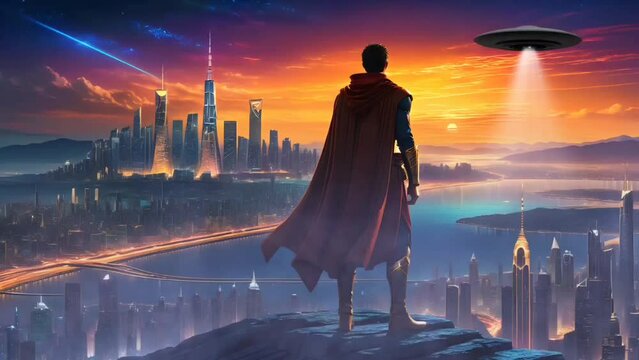 A superhero with UFO in futuristic city