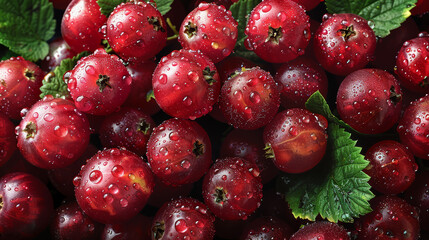   A macro shot of numerous cherries with droplets of water on them and a verdant foliage overhead