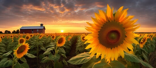A beautiful field of sunflowers with a charming barn visible in the distant background - Powered by Adobe