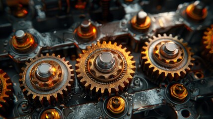   A close-up of two metallic gears atop a piece of machinery - obrazy, fototapety, plakaty