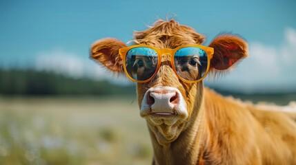 Fototapeta premium Cow wearing sunglasses looks directly at camera against blue sky and cloudy backdrop