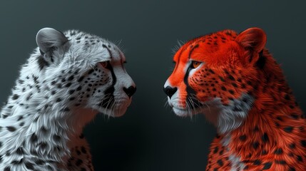 Obraz premium Red-white cheetah vs Black-white cheetah on dark background