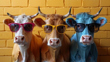   Three cows wearing sunglasses stand before a yellow brick wall, with two yellow brick walls behind them