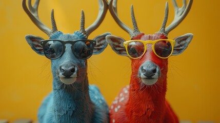   Two deer wearing sunglasses stand on a yellow background with a yellow wall in the background