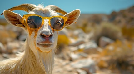   A close-up photo of a goat wearing glasses, with a blue sky in the background
