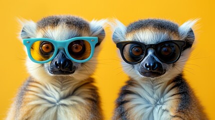   A close-up of two small animals wearing sunglasses and one with a surprised expression - obrazy, fototapety, plakaty