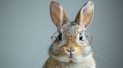 Rabbit Wearing Round Glasses on Gray Background