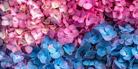 Beautiful colorful hydrangea flowers as background, top view (1)