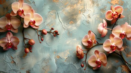 Artistic Pink Orchids on Textured Blue Painted Background.