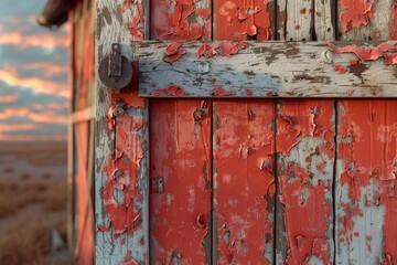 Rustic barn door, photorealistic textures, vibrant peeling paint, golden hour ,3DCG,clean sharp focus