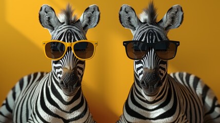 Two zebras standing together with sunglasses on yellow walls in front of a yellow background