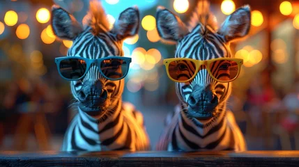 Foto op Aluminium   A pair of zebras standing together in front of a wooden table with sunglasses on top © Shanti