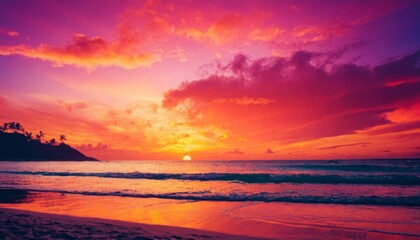 Naklejka na ściany i meble Wonderful sunset sky along the beach background illustration concept