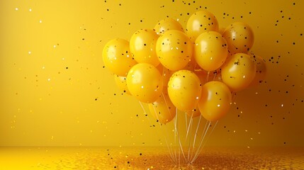   A group of yellow balloons floating in the air, surrounded by confetti sprinkles on a bright yellow backdrop