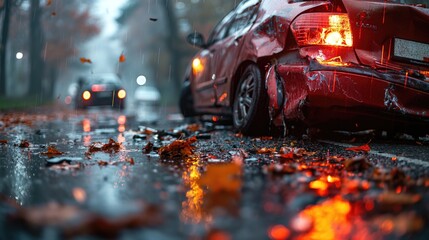 Car Accident on Wet Autumn Road