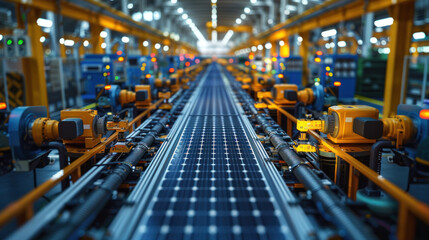 Fototapeta premium A factory floor with rows of solar panels being manufactured by machines and workers.