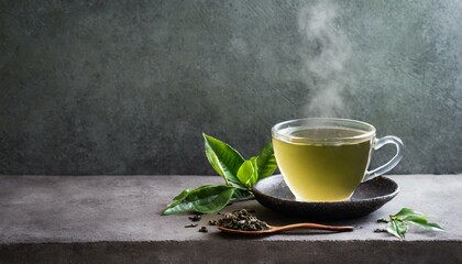 Obraz na płótnie Canvas Soothing Sip: Hot Green Tea Steaming on Table with Inviting beautiful background and wallpaper