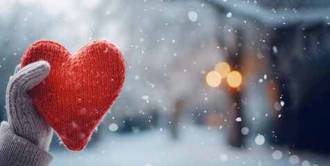 hand hold red heart doll on winter