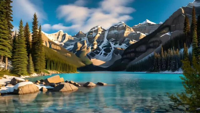 An eagle flying across lake in the mountains