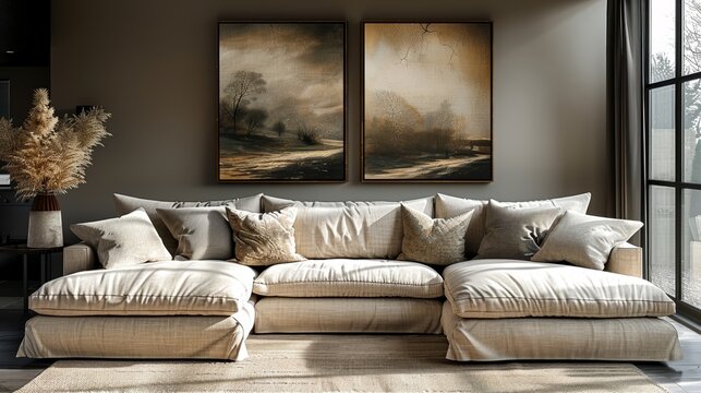   A cozy living room boasts a plush couch and two captivating paintings hanging above it, framing the space perfectly In front of the couch, a vase with dried grass