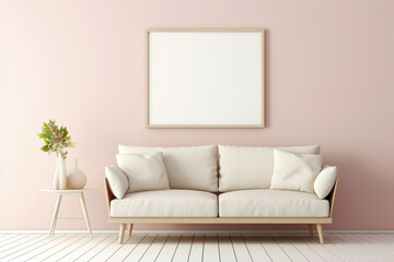 Visualize the harmony of a single beige and Scandinavian sofa paired with a white blank empty frame for copy text, against a soft color wall background.