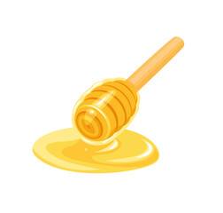 Honey dipper in sweet yellow honey puddle.  Vector cartoon flat illustration. Healthy food icon.