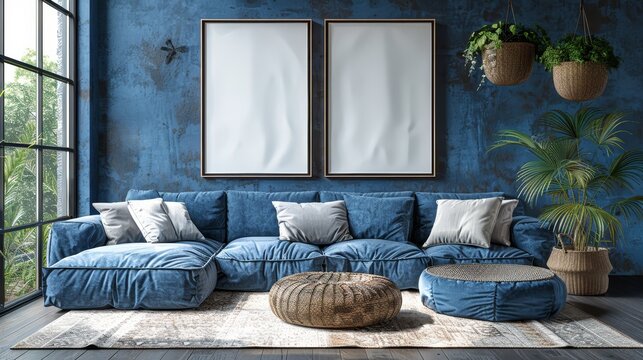   The room features a blue couch, two pictures hanging on the walls, and a round ottoman positioned centrally