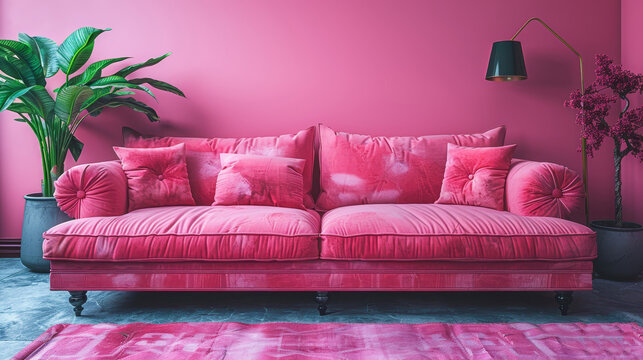   A pink sofa in a pink room with a pink rug and a potted plant in the corner