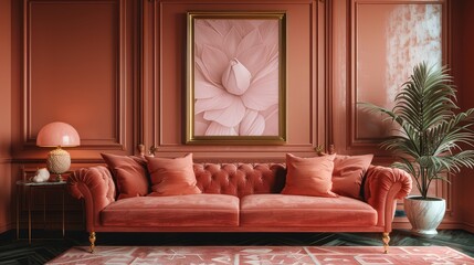   A cozy room featuring a red sofa, vibrant pink artwork hanging above, and a lush plant in a corner
