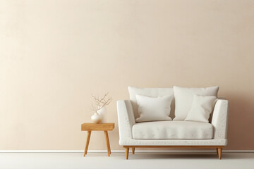 Visualize the harmony of a single beige and Scandinavian sofa set against a white blank empty frame for copy text, against a soft color wall background.