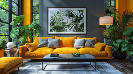   A cozy living room featuring yellow couches and lush potted plants in front of an expansive window adorned with a stunning photo on the wall